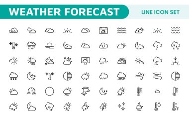 Hava Tahmini Simgesi Ayarlandı. Doğru hava raporlama için parlak ve dinamik simgeler, uygulamaları, web sitelerini ve dijital platformlar Vektör simgelerini geliştirmek için mükemmel.