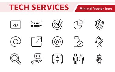 Teknoloji ve Geliştirme Simgesi Seti. Teknoloji uygulamaları ve projeler için tasarlanmış modern ve yenilikçi simgeler, sergilenen geliştirme araçları, yazılım çözümleri ve ileri teknolojiler için mükemmel.