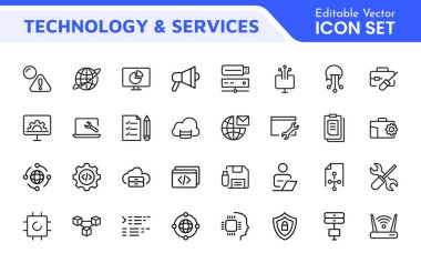 Teknoloji ve Geliştirme Simgesi Seti. Teknoloji uygulamaları ve projeler için tasarlanmış modern ve yenilikçi simgeler, sergilenen geliştirme araçları, yazılım çözümleri ve ileri teknolojiler için mükemmel.