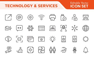 Teknoloji ve Geliştirme Simgesi Seti. Teknoloji uygulamaları ve projeler için tasarlanmış modern ve yenilikçi simgeler, sergilenen geliştirme araçları, yazılım çözümleri ve ileri teknolojiler için mükemmel.