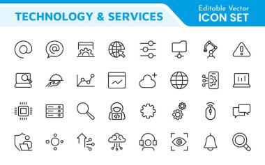Teknoloji ve Geliştirme Simgesi Seti. Teknoloji uygulamaları ve projeler için tasarlanmış modern ve yenilikçi simgeler, sergilenen geliştirme araçları, yazılım çözümleri ve ileri teknolojiler için mükemmel.