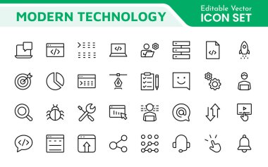 Teknoloji ve Geliştirme Simgesi Seti. Teknoloji uygulamaları ve projeler için tasarlanmış modern ve yenilikçi simgeler, sergilenen geliştirme araçları, yazılım çözümleri ve ileri teknolojiler için mükemmel.