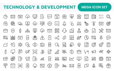 Teknoloji ve Geliştirme Simgesi Seti. Teknoloji uygulamaları ve projeler için tasarlanmış modern ve yenilikçi simgeler, sergilenen geliştirme araçları, yazılım çözümleri ve ileri teknolojiler için mükemmel.