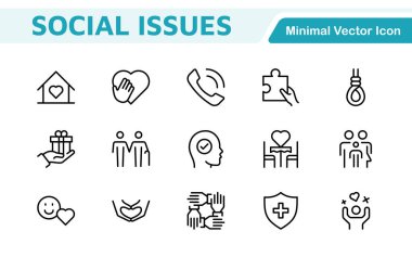 Social Issues Icon Set. Thought-provoking and impactful icons designed to raise awareness and promote engagement, perfect for enhancing campaigns, websites, and educational materials. clipart