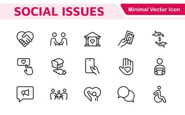 Social Issues Icon Set. Thought-provoking and impactful icons designed to raise awareness and promote engagement, perfect for enhancing campaigns, websites, and educational materials. clipart