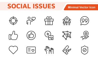 Social Issues Icon Set. Thought-provoking and impactful icons designed to raise awareness and promote engagement, perfect for enhancing campaigns, websites, and educational materials. clipart