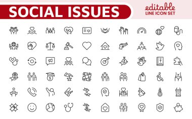 Social Issues Icon Set. Thought-provoking and impactful icons designed to raise awareness and promote engagement, perfect for enhancing campaigns, websites, and educational materials. clipart