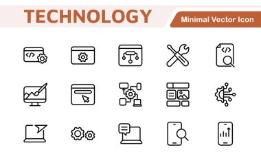 Teknoloji ve Geliştirme Simgesi Seti. Teknoloji uygulamaları ve projeler için tasarlanmış modern ve yenilikçi simgeler, sergilenen geliştirme araçları, yazılım çözümleri ve ileri teknolojiler için mükemmel.