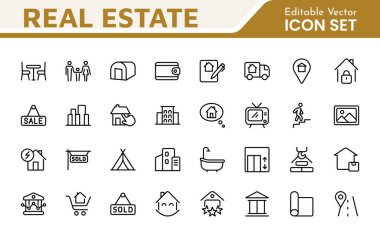 Emlak Simgesi Seti. Gayrimenkul sektörü için tasarlanmış, mülkiyet listelerini, web sitelerini ve pazarlama materyallerini geliştirmek için mükemmel, kapsamlı bir stil ve profesyonel ikon koleksiyonu..
