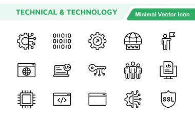 Teknoloji ve Geliştirme Simgesi Seti. Teknoloji uygulamaları ve projeler için tasarlanmış modern ve yenilikçi simgeler, sergilenen geliştirme araçları, yazılım çözümleri ve ileri teknolojiler için mükemmel.