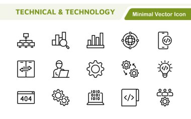 Teknoloji ve Geliştirme Simgesi Seti. Teknoloji uygulamaları ve projeler için tasarlanmış modern ve yenilikçi simgeler, sergilenen geliştirme araçları, yazılım çözümleri ve ileri teknolojiler için mükemmel.
