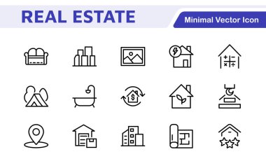 Emlak Simgesi Seti. Gayrimenkul sektörü için tasarlanmış, mülkiyet listelerini, web sitelerini ve pazarlama materyallerini geliştirmek için mükemmel, kapsamlı bir stil ve profesyonel ikon koleksiyonu..