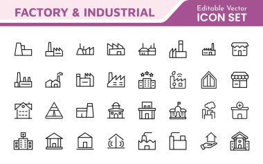 Factory Icon Set. A dynamic collection of icons representing manufacturing and industrial processes, perfect for engineering sectors to convey efficiency and innovation. clipart