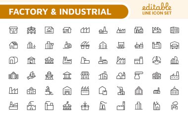 Fabrika Simgesi Ayarları. Üretim ve endüstriyel süreçleri temsil eden dinamik bir ikon koleksiyonu, mühendislik sektörleri için mükemmel verimlilik ve yenilik ilemek için.