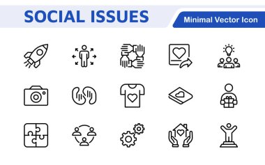 Social Issues Icon Set. Thought-provoking and impactful icons designed to raise awareness and promote engagement, perfect for enhancing campaigns, websites, and educational materials. clipart