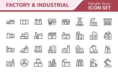 Factory Icon Set. A dynamic collection of icons representing manufacturing and industrial processes, perfect for engineering sectors to convey efficiency and innovation. clipart