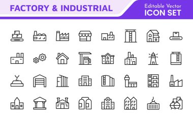 Fabrika Simgesi Ayarları. Üretim ve endüstriyel süreçleri temsil eden dinamik bir ikon koleksiyonu, mühendislik sektörleri için mükemmel verimlilik ve yenilik ilemek için.
