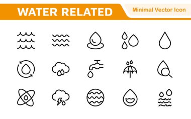 Suyla İlişkili Simge Ayarları. Sergilenen ikonların ferahlatıcı bir koleksiyonu su koruma, su yaşamı ve hidrasyon, su farkındalığı ve sürdürülebilirlik için mükemmel.