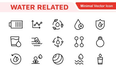 Suyla İlişkili Simge Ayarları. Sergilenen ikonların ferahlatıcı bir koleksiyonu su koruma, su yaşamı ve hidrasyon, su farkındalığı ve sürdürülebilirlik için mükemmel.