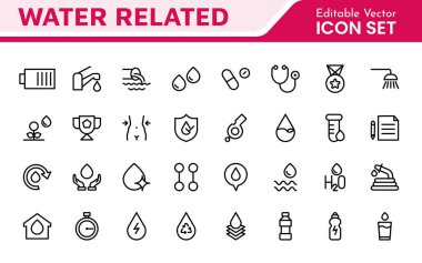 Suyla İlişkili Simge Ayarları. Sergilenen ikonların ferahlatıcı bir koleksiyonu su koruma, su yaşamı ve hidrasyon, su farkındalığı ve sürdürülebilirlik için mükemmel.