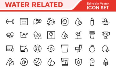 Suyla İlişkili Simge Ayarları. Sergilenen ikonların ferahlatıcı bir koleksiyonu su koruma, su yaşamı ve hidrasyon, su farkındalığı ve sürdürülebilirlik için mükemmel.