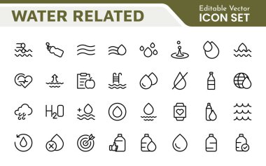 Suyla İlişkili Simge Ayarları. Sergilenen ikonların ferahlatıcı bir koleksiyonu su koruma, su yaşamı ve hidrasyon, su farkındalığı ve sürdürülebilirlik için mükemmel.