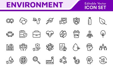 Environment Icon Set. A vibrant collection of icons promoting sustainability and eco-friendliness, environmental awareness and conservation efforts. clipart