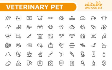Veteriner Simgesi Ayarlandı. Veteriner klinikleri ve hayvan bakım hizmetleri için tasarlanmış şefkatli bir ikon koleksiyonu..