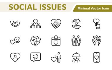 Social Issues Icon Set. Thought-provoking and impactful icons designed to raise awareness and promote engagement, perfect for enhancing campaigns, websites, and educational materials. clipart