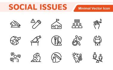 Social Issues Icon Set. Thought-provoking and impactful icons designed to raise awareness and promote engagement, perfect for enhancing campaigns, websites, and educational materials. clipart