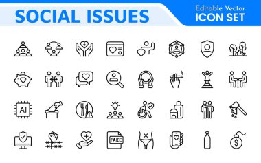 Social Issues Icon Set. Thought-provoking and impactful icons designed to raise awareness and promote engagement, perfect for enhancing campaigns, websites, and educational materials. clipart