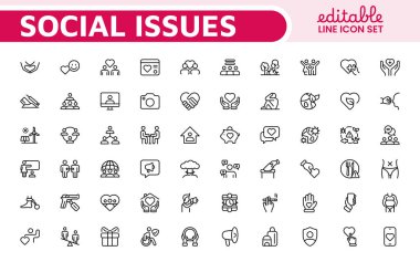 Social Issues Icon Set. Thought-provoking and impactful icons designed to raise awareness and promote engagement, perfect for enhancing campaigns, websites, and educational materials. clipart