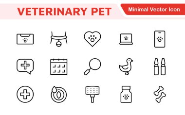 Veteriner Simgesi Ayarlandı. Veteriner klinikleri ve hayvan bakım hizmetleri için tasarlanmış şefkatli bir ikon koleksiyonu..