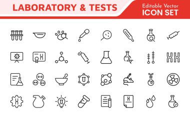 Laboratuvar ve Test Simgesi Ayarlandı. Bilimsel test ve araştırma için tam bir ikon koleksiyonu, eğitim materyallerinin, laboratuvar sitelerinin ve sağlık uygulamalarının geliştirilmesi için mükemmel.