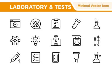 Laboratuvar ve Test Simgesi Ayarlandı. Bilimsel test ve araştırma için tam bir ikon koleksiyonu, eğitim materyallerinin, laboratuvar sitelerinin ve sağlık uygulamalarının geliştirilmesi için mükemmel.