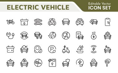 Elektrikli Araç ve Araba Simgesi. Otomotiv uygulamalarını, web sitelerini ve sürdürülebilirlik girişimlerini geliştirmek için mükemmel bir ikon koleksiyonu..