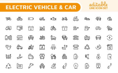 Elektrikli Araç ve Araba Simgesi. Otomotiv uygulamalarını, web sitelerini ve sürdürülebilirlik girişimlerini geliştirmek için mükemmel bir ikon koleksiyonu..