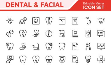 Diş Simgesi Ayarlandı. Diş muayeneleri için canlı ve profesyonel ikonların kapsamlı bir koleksiyonu, hasta iletişimi için mükemmel bir oral sağlık farkındalığı..