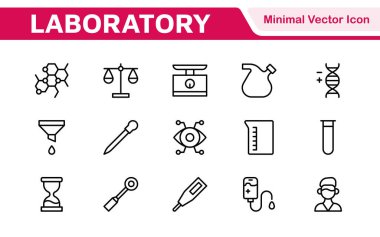 Laboratuvar Simgesi Ayarlandı. Profesyonelliği ve yeniliği iletmek için bilimsel araştırma, deney ve araştırma sunumları için titizlikle tasarlanmış bir ikon koleksiyonu..