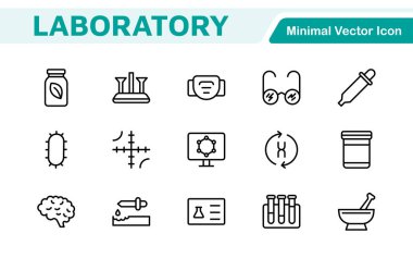 Laboratuvar Simgesi Ayarlandı. Profesyonelliği ve yeniliği iletmek için bilimsel araştırma, deney ve araştırma sunumları için titizlikle tasarlanmış bir ikon koleksiyonu..
