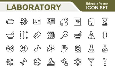 Laboratuvar Simgesi Ayarlandı. Profesyonelliği ve yeniliği iletmek için bilimsel araştırma, deney ve araştırma sunumları için titizlikle tasarlanmış bir ikon koleksiyonu..