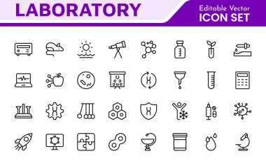 Laboratuvar Simgesi Ayarlandı. Profesyonelliği ve yeniliği iletmek için bilimsel araştırma, deney ve araştırma sunumları için titizlikle tasarlanmış bir ikon koleksiyonu..