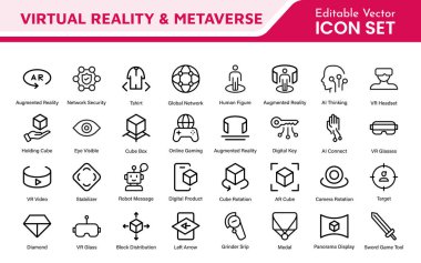 Virtual Reality and Metaverse Icon Set. A cutting-edge collection of icons designed to enhance immersive experiences, perfect for VR apps, gaming platforms, and digital worlds.