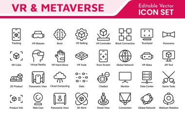 Sanal Gerçeklik ve Metaverse Simgesi Ayarları. VR uygulamaları, oyun platformları ve dijital dünyalar için mükemmel bir şekilde donanımlı deneyimleri geliştirmek için tasarlanmış son teknoloji simge koleksiyonu..