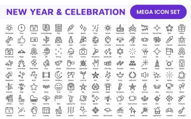 Yeni Yıl ve Kutlama Simgesi Seti. Kutlamaları geliştirmek için, parti davetleri, etkinlik promosyonları ve tatil temalı projeler için mükemmel tasarlanmış canlı simgelerden oluşan bir festival koleksiyonu..