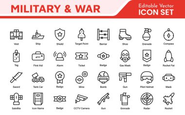 Military and War Icon Set. A powerful collection of icons representing defense and combat themes, perfect for enhancing educational materials, military websites, and historical projects. clipart