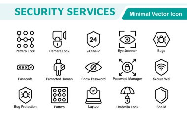 Güvenlik web simgelerini hizaya sokun. Güvenlik, siber güvenlik, şifre, akıllı ev, güvenlik, veri koruması, anahtar, kalkan, kilit açma, göz erişimi. Güvenlik ana hatları simgesi ayarlandı.