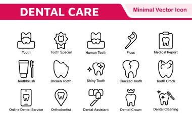 Diş Simgesi Ayarlandı. Diş muayeneleri için canlı ve profesyonel ikonların kapsamlı bir koleksiyonu, hasta iletişimi için mükemmel bir oral sağlık farkındalığı..