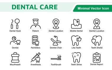 Diş Simgesi Ayarlandı. Diş muayeneleri için canlı ve profesyonel ikonların kapsamlı bir koleksiyonu, hasta iletişimi için mükemmel bir oral sağlık farkındalığı..