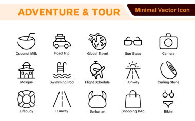 Adventure Icon Set. An exciting collection of icons that captures the spirit of exploration, perfect for travel apps, outdoor websites, and promotional materials for adventure and thrill-seeking. clipart